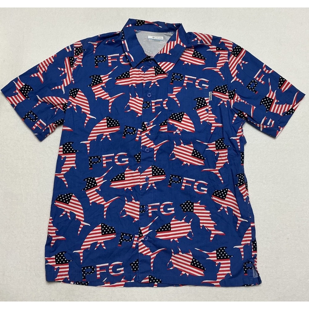 Columbia PFG Mens Medium Patriotic Fish Shirt USA Flag Fishing Button Up Blue